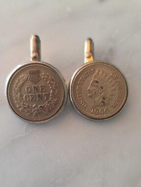 Vintage Indian Head One Cent Coin Cufflinks - Brass Tone